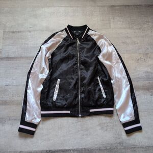 Iris Womens Basic Black Bomber Jacket Size M Satin